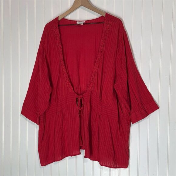 Ellos Red Boho Tie Front Tunic Top Plus Size 30W Cotton Gauze Blouse Flowy - Picture 1 of 5